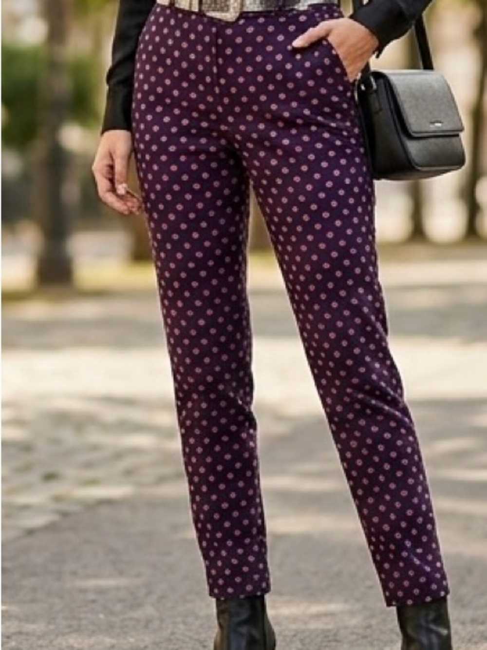 J.Crew Martie Ankle Pant Size 0 Black with Pink Polka Dot Cropped Trousers EUC